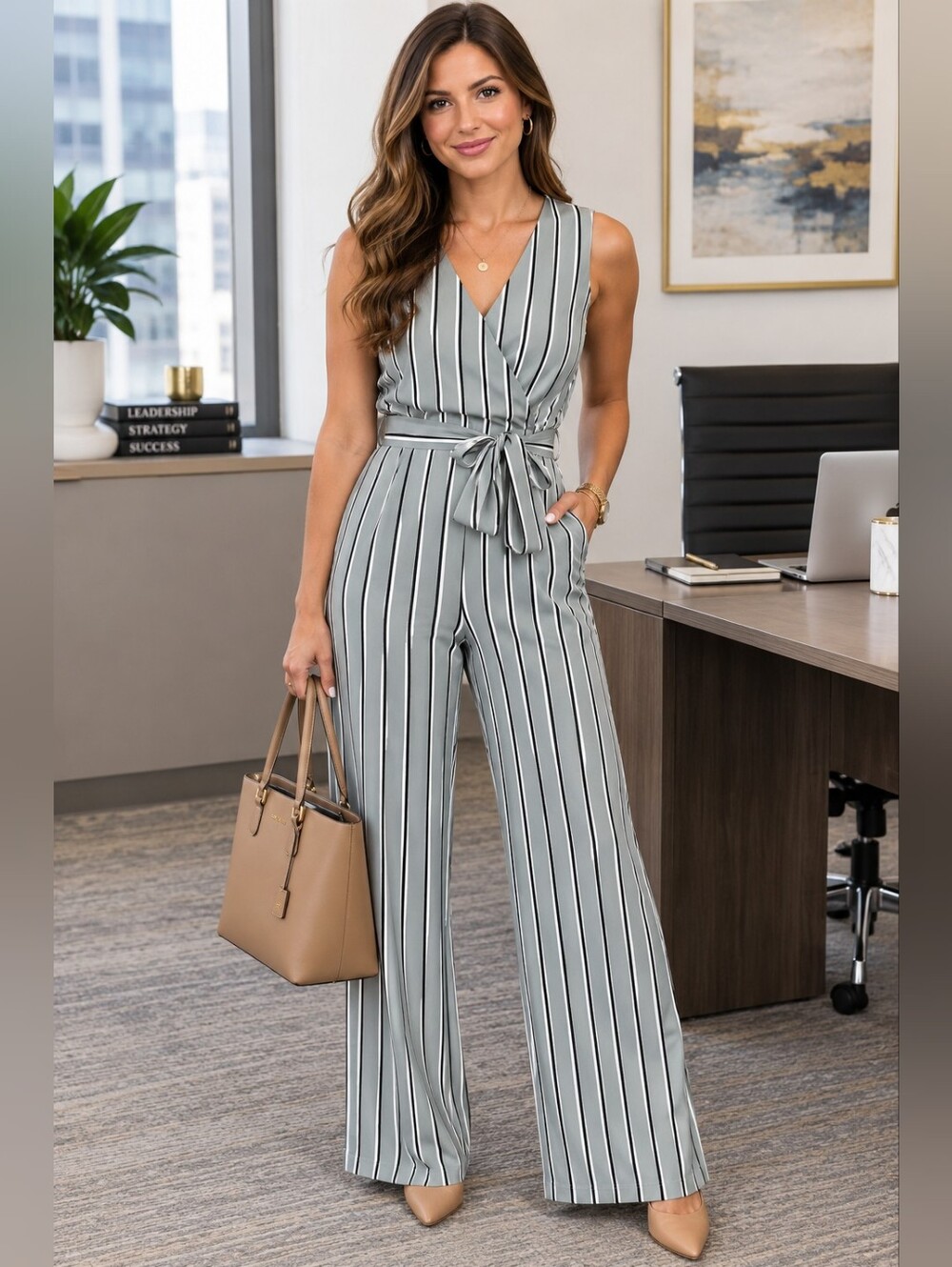J for Justify Vertical Striped Sleeveless Wrap Jumpsuit - Gray/Black